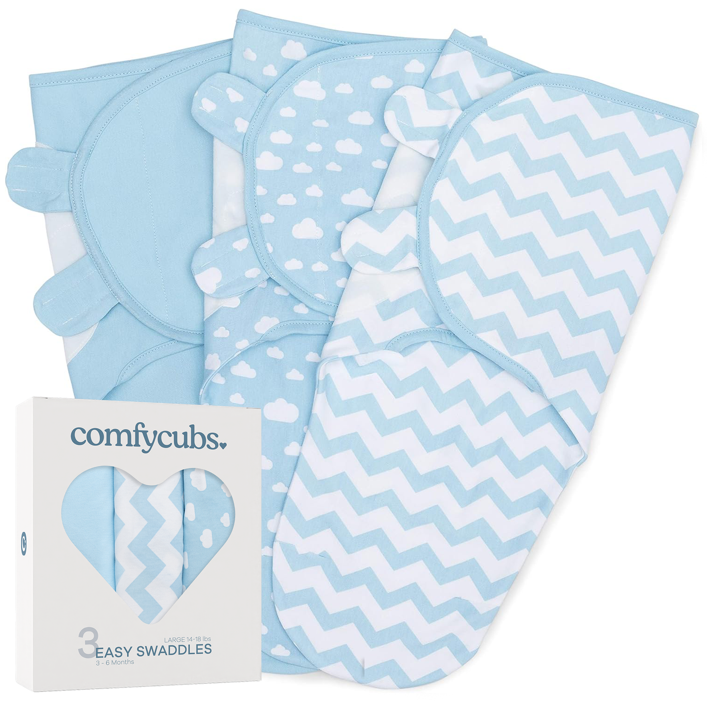 Easy Swaddle Blankets by Comfy Cubs - Blue, Pack of 3