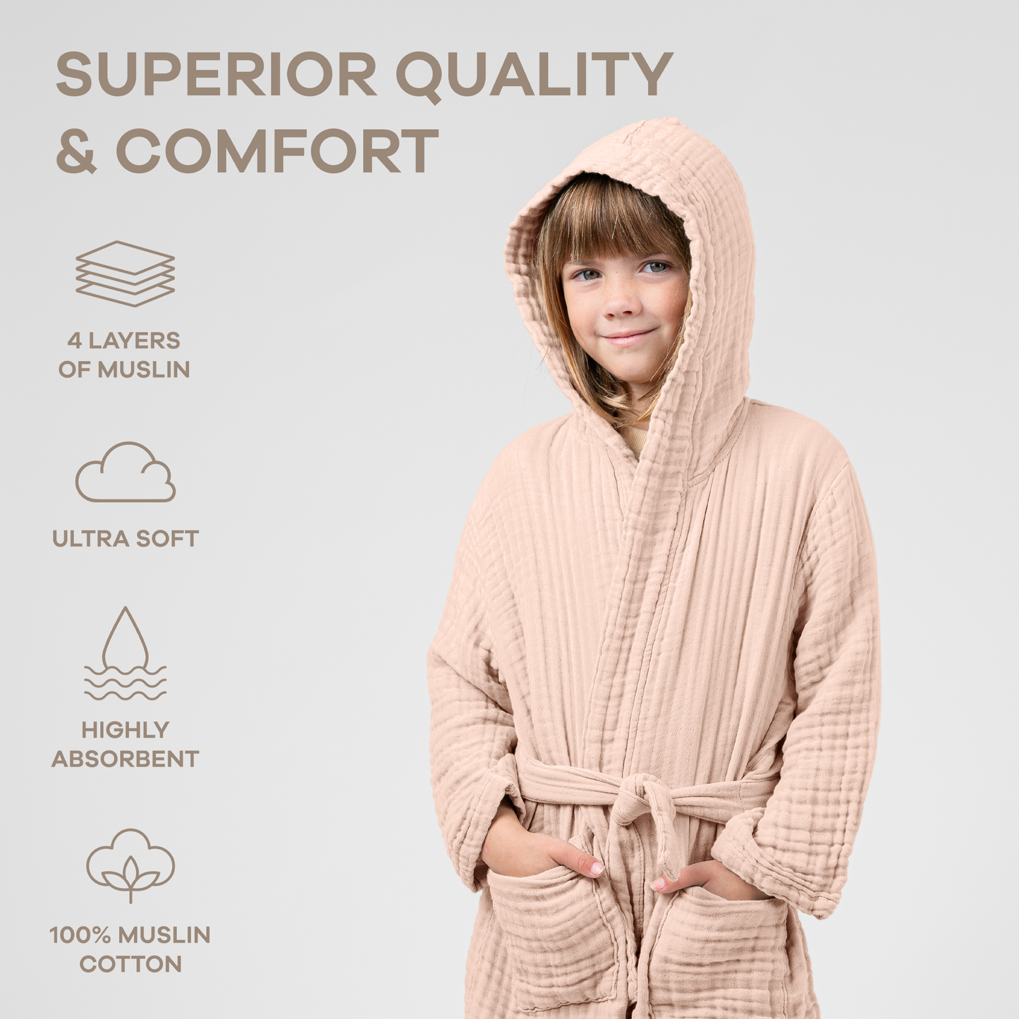 Muslin Bath Robe for Kids, Blush by Comfy Cubs