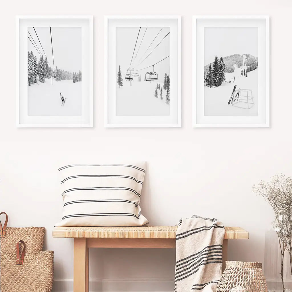 3 Piece Black White Winter Sport Wall Art Set. Ski Lodge