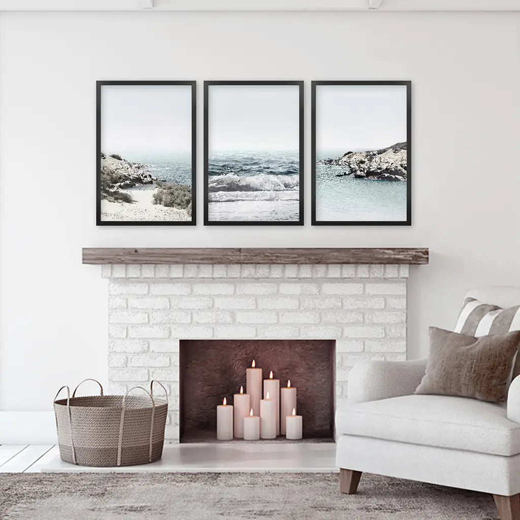 3 Piece Coastal Seascape Set. Blue Waves, Rocky Beach
