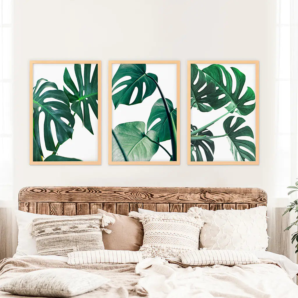 3 Piece Green Monstera Leaf Print Set. Tropical Decor