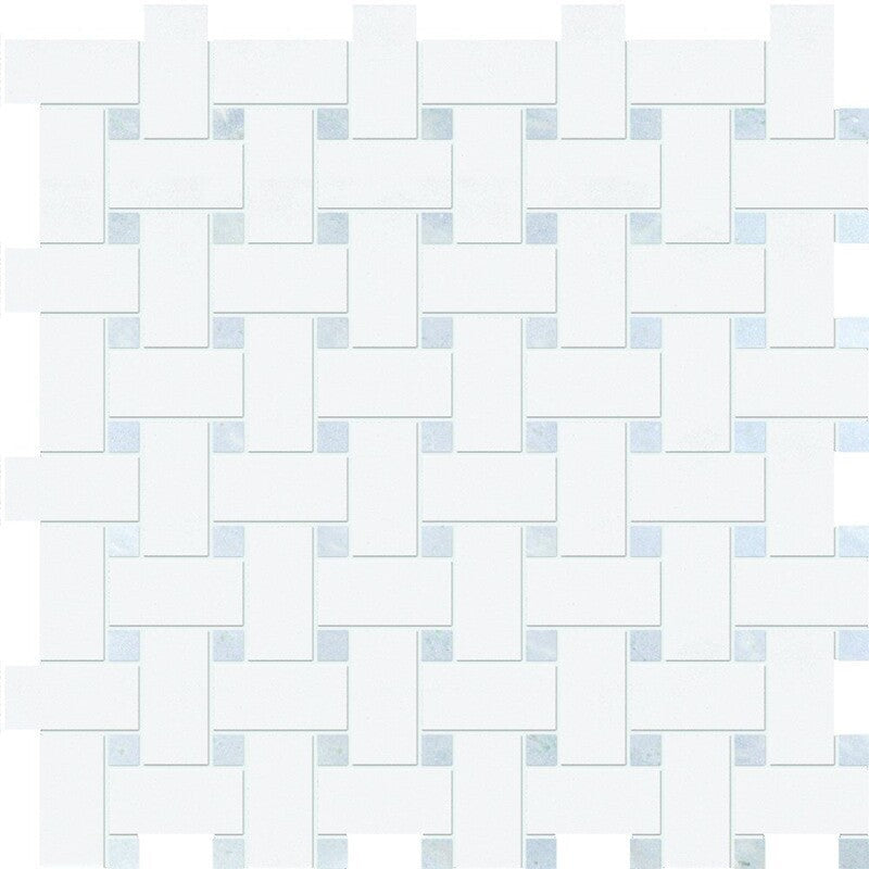 Keefer Mix White & blue Celeste 12"x12" Polished Basket Weave Marble Mosaic