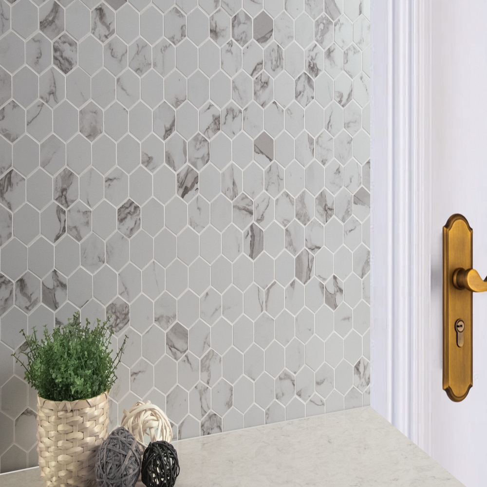 Pietra Statuario 12"x12" Matte 2" Hexagon Porcelain Mesh-Mounted Mosaic Tile - MSI Collection