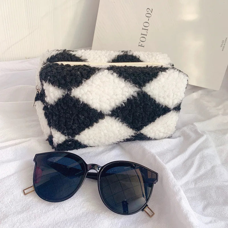 Checkered Plush Toiletry Bag