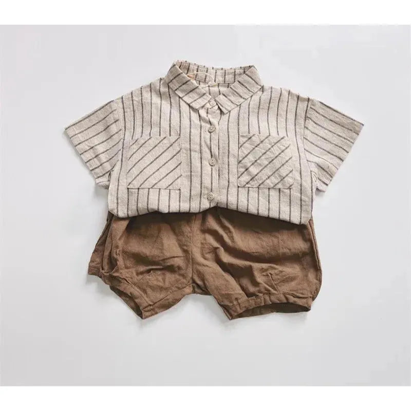 Boys Striped Cotton Linen Shorts Set