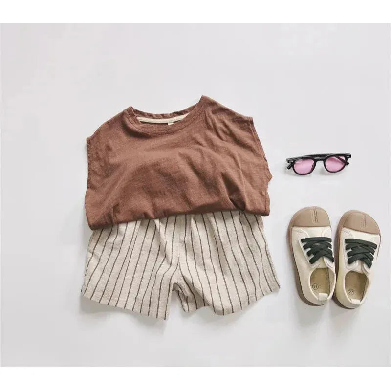 Boys Striped Cotton Linen Shorts Set