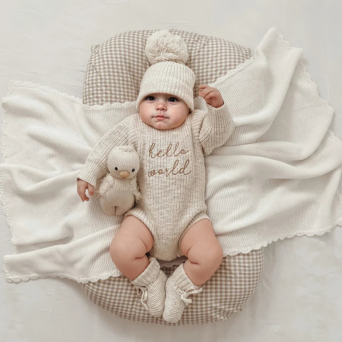 Newborn Hello World Knitted Bodysuit Set