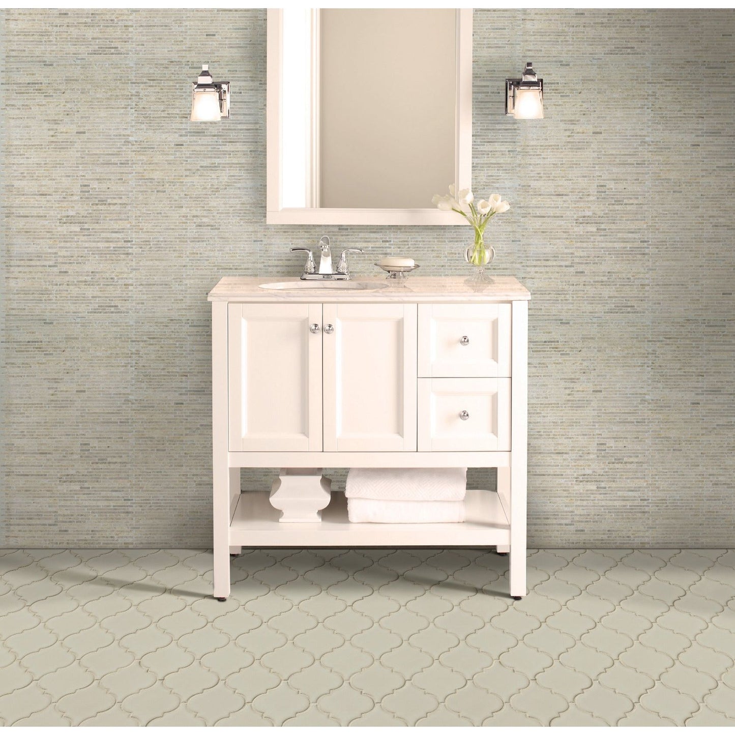 Antique White Arabesque 10.83" x 15.5" Glazed Ceramic Mesh-Mounted Mosaic Wall Tile Pattern-MSI Collection