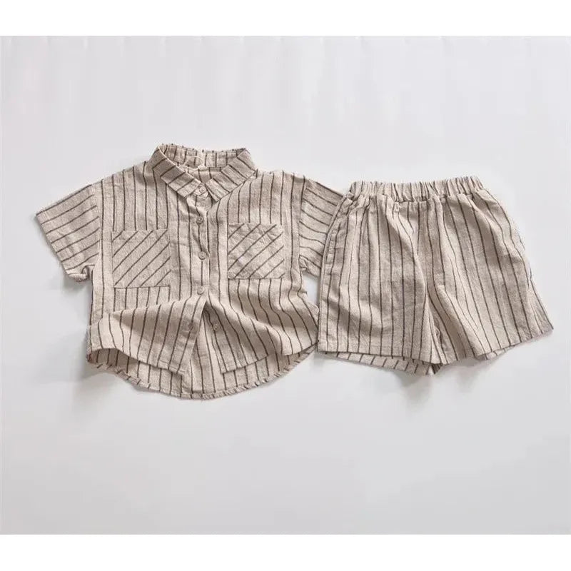 Boys Striped Cotton Linen Shorts Set