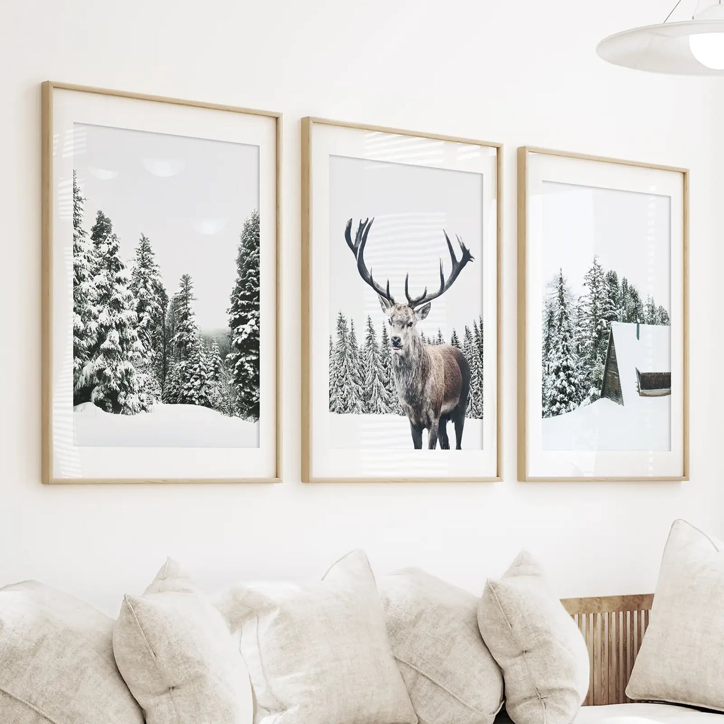 3 Piece Christmas Wall Art. Forest, Log Cabin, Reindeer