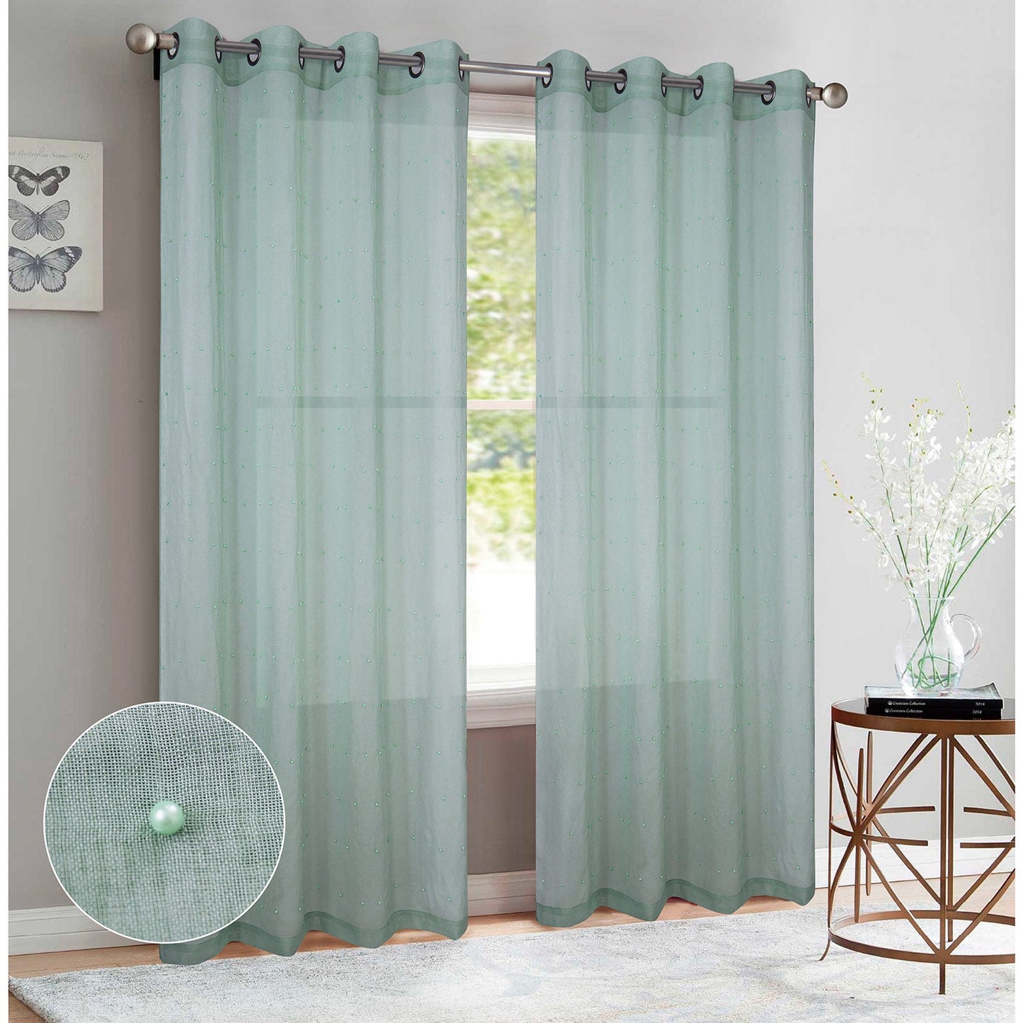 Bali 2-Pack Sheer Grommet Window Panels with Pearls, 76x95 Inches