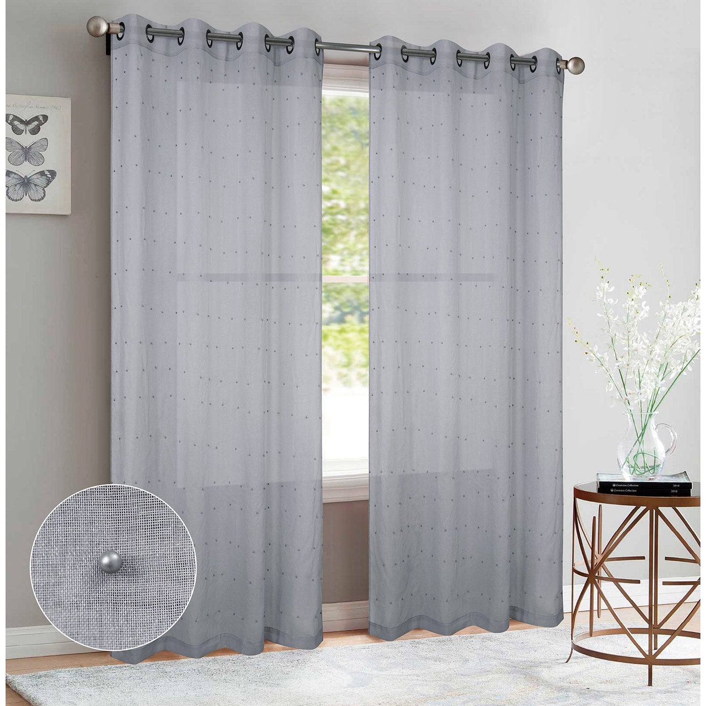 Bali 2-Pack Sheer Grommet Window Panels with Pearls, 76x95 Inches