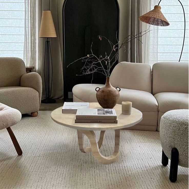 Troia Light Travertine Vein-cut Designer Round Polished Coffee Table (D)24" (H)14"
