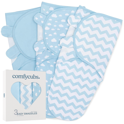 Easy Swaddle Blankets by Comfy Cubs - Blue, Pack of 3