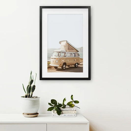 Yellow Vintage Hipster Van Wall Art. Summer Travel