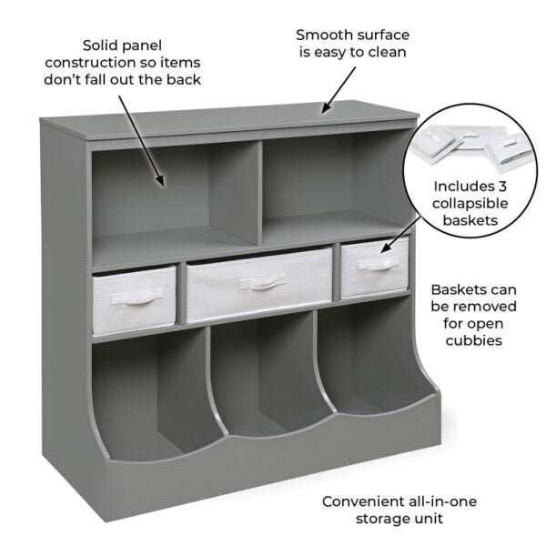 Combo Bin Storage Unit with Three Baskets – Gray