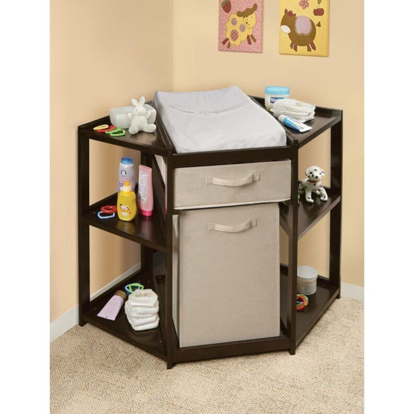 Diaper Corner Baby Changing Table with Hamper and Basket – Espresso