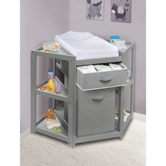 Diaper Corner Baby Changing Table with Hamper and Basket – Gray