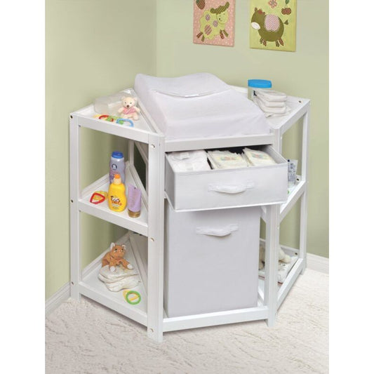 Diaper Corner Baby Changing Table with Hamper and Basket – White