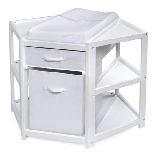 Diaper Corner Baby Changing Table with Hamper and Basket – White