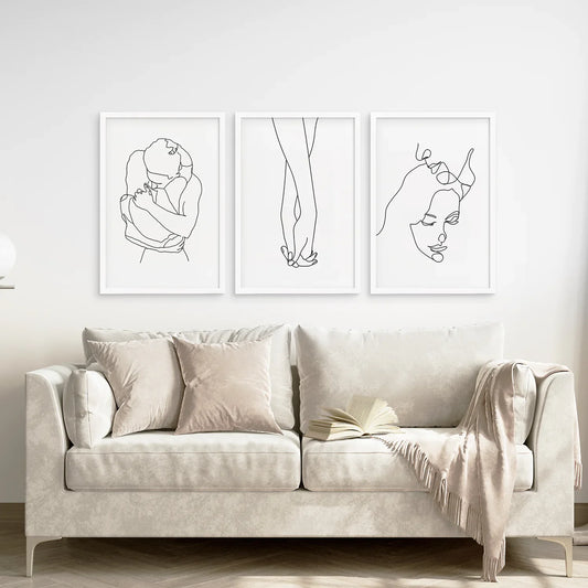 3 Piece Minimalistic Line Art Set. Couple, Holding Hands