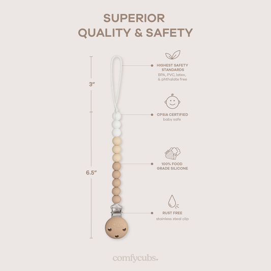 Pacifier Clips, 2 Pack by Comfy Cubs - Beige, Light Beige, & White