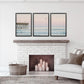 Pink Ocean Sunset Triptych. Wooden Pier, Waves, Seagulls