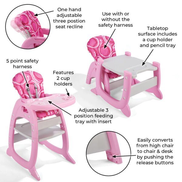 Envee II Baby High Chair with Playtable Conversion – Pink/White