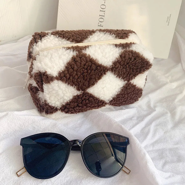 Checkered Plush Toiletry Bag