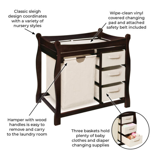 Sleigh Style Baby Changing Table with Hamper and 3 Baskets – Espresso