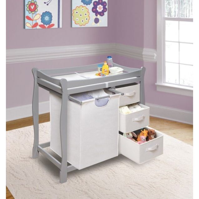 Sleigh Style Baby Changing Table with Hamper and 3 Baskets – Gray