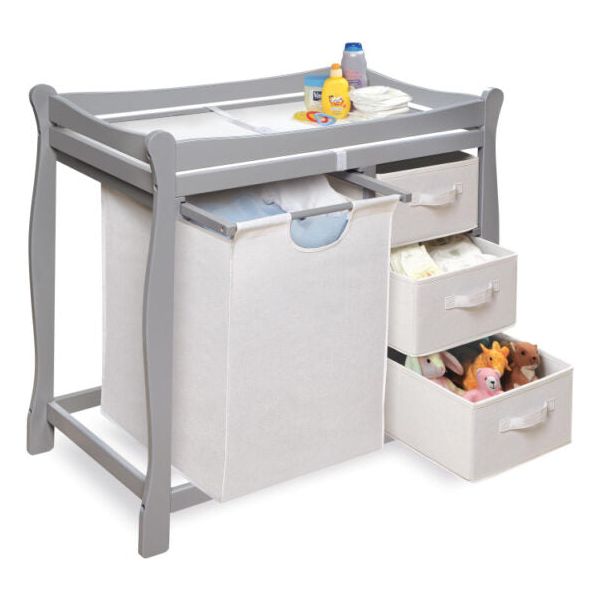 Sleigh Style Baby Changing Table with Hamper and 3 Baskets – Gray