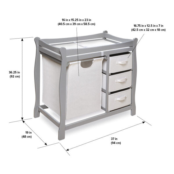 Sleigh Style Baby Changing Table with Hamper and 3 Baskets – Gray