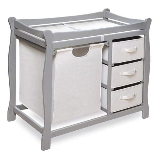 Sleigh Style Baby Changing Table with Hamper and 3 Baskets – Gray