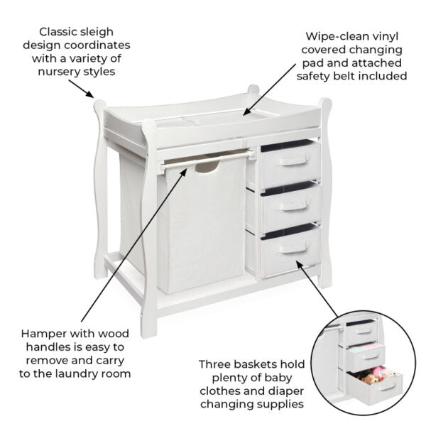 Sleigh Style Baby Changing Table with Hamper and 3 Baskets – White