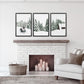 Winter Snowy Nature Triptych. Reindeer, Log Cabin, Pine Tree