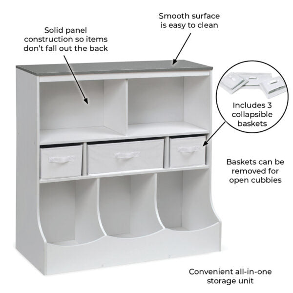 Combo Bin Storage Unit with Three Baskets – Solid White/Woodgrain Gray